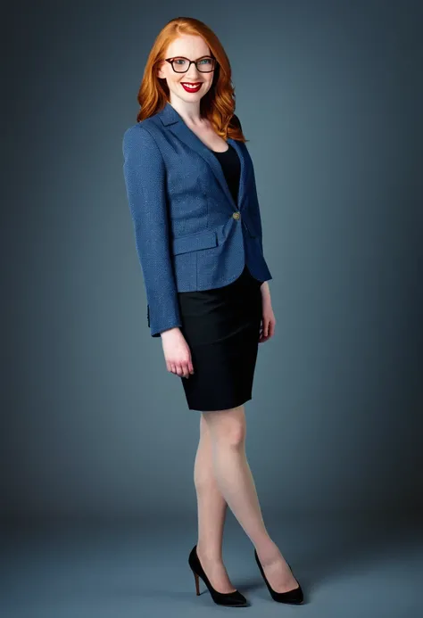 (studio photography). Tall ((redhead)) woman of Irish descent. (pale:1.3)complexion. blue eyes, nice legs. Kind eyes, cute smile. Eyeglasses, mascara, red lipstick, blazer, blouse, pencil skirt, tan pantyhose, stiletto heels.,(studio lighting,single light ...