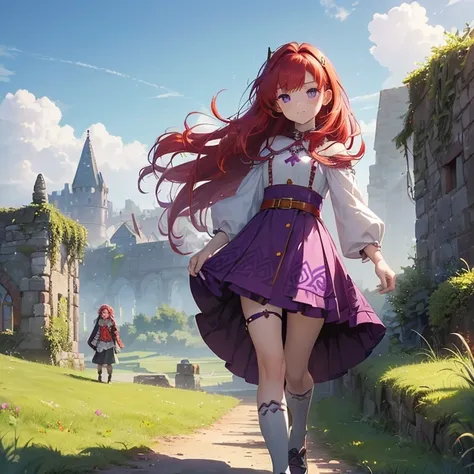 Masterpiece, High Resolution, HD, High Quality, Best Quality, Super Detailed. High fantasy genre, fantasy artwork.
{{(A red-haired barbarian  of 7-years-old:(very short messy scarlet-red hair. Fair skin. Purple eyes. Very cute . Short  body. Shy expression...