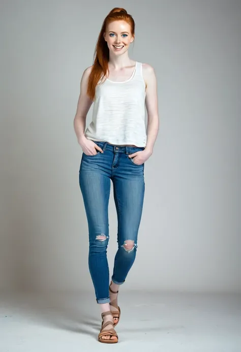 (studio photography). Tall ((redhead)) woman of Irish descent. (pale:1.3)complexion. blue eyes, nice legs. Kind eyes, cute smile. very light makeup, ponytail, tank top, ripped jeans. sandals,(studio lighting,single light source,core shadows)