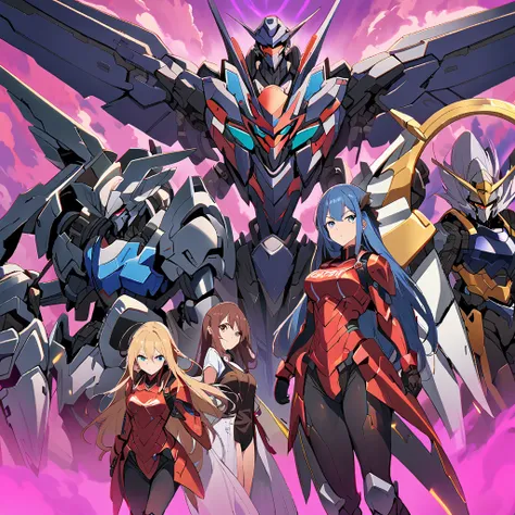 Anime, high detailed, multiple womans, mature womans, shiny-like mecha armor, large mechanical wings, large Gauntlet, serious, curvy body, long mechanical wings, mecha weapons、Colored armors、magenta Colored aura、BLUE Eyes, elongated pupils,  Mature Woman、m...