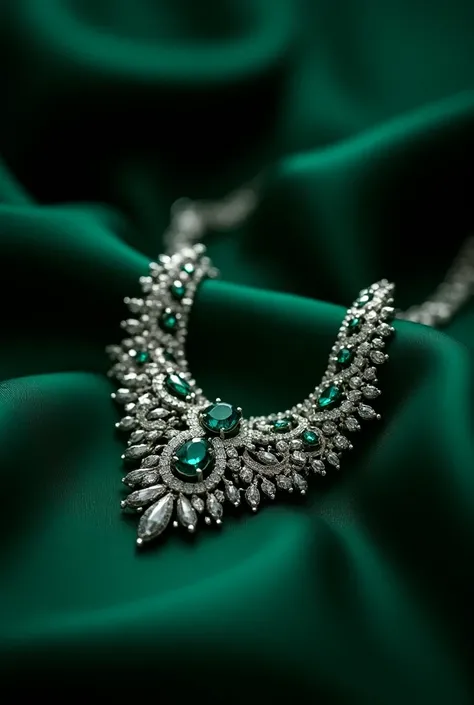  Ultra realistic photo of a silver necklace with green diamonds. It is displayed on a dark green silk scarf .Beautiful details