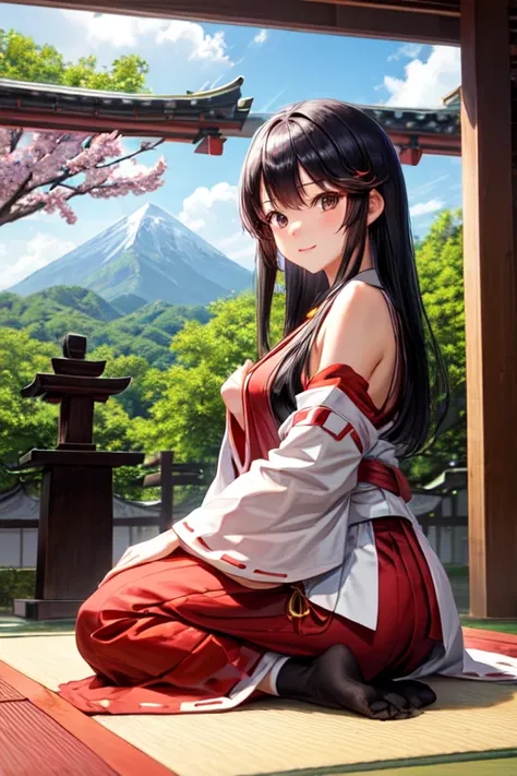 Ratio 1:2 a women,in middle of shrine gate, wear a miko clothes, have a black long hair, doing ritual, sakura tree, mountain, and sun at the back