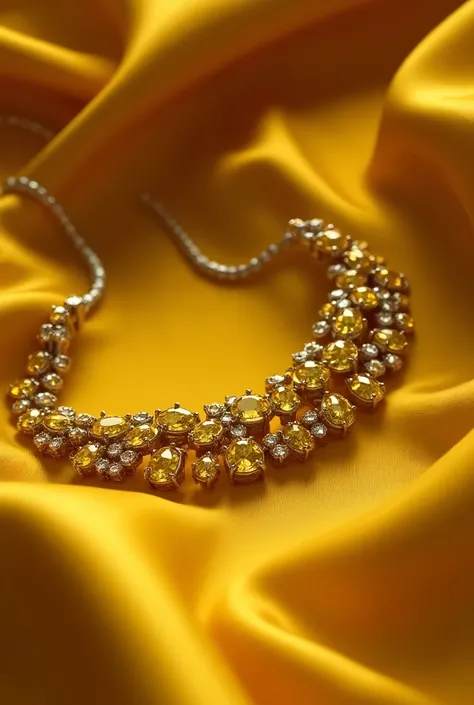 Ultra realistic photo of a silver necklace with yellow diamonds. It is displayed on a dark yellow silk scarf .Beautiful details