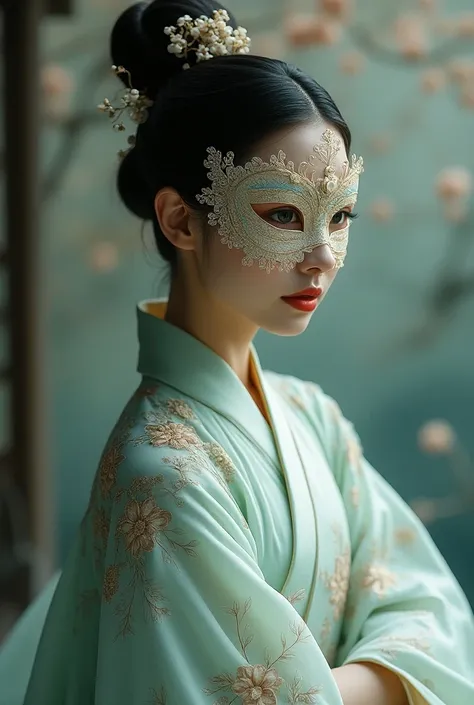 Beautiful woman wearing a Chinese hanfu mask that covers her entire face 