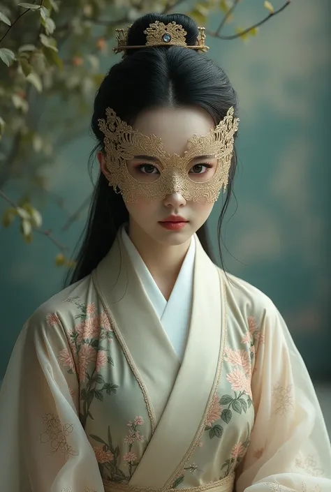 Beautiful woman wearing a Chinese hanfu mask that covers her entire face 