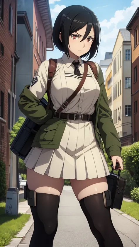  anime girl with black hair and green jacket posing for the camera, De Attack on Titan, Attack on Titan: covert art, in attack on titan, Portrait of Eren Yeager, female anime character, official art, portrait of a female anime heroine , Attack on Titan ani...