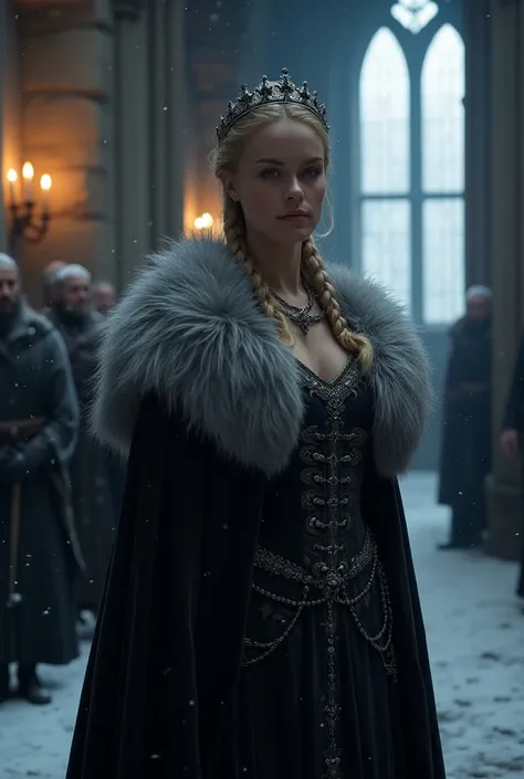 [Medium close-up] of Andy, a 29-year-old athletic blonde with blue eyes, standing regally in the [grand hall of a medieval castle]. She is dressed in an [ornate, dark velvet gown] that flows elegantly to the floor, embodying the strength and nobility of a ...