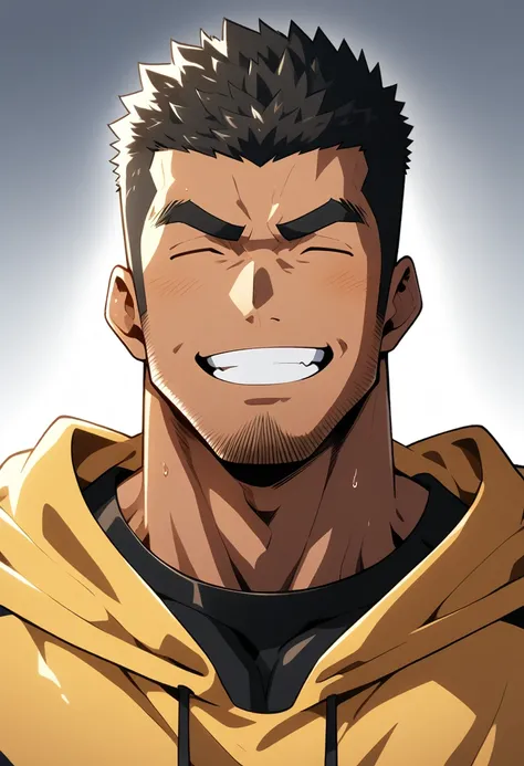 Black person, anime characters：Gyee, One Young Muscle Sports Sexy Teacher, sweat, negro black skin, Huge chest muscles, male focus, yellow black hooded sports sweatshirt, Wear a black high-necked tights inside, Very tight, muscular male, muscular, only, Up...