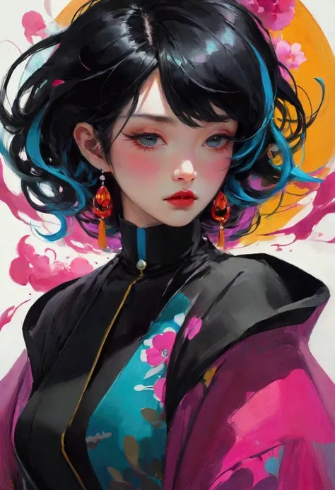  Surrealist Ink Paintings，Colorful, illustration, Japanese Cartoons ,1 mature woman , Sad Atmosphere,Fashionable Hairstyle,Decorative Art, Absurd Elements in Ross Tran Style, Intense gaze,（ Best quality，masterpiece：1.2，Details，4K）