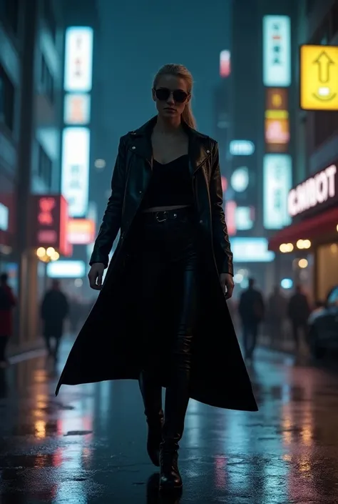 [Full-body shot] of Andy, a 29-year-old athletic blonde with blue eyes, walking confidently through the [dark, rain-slicked streets] of a futuristic city at night. She is wearing a [long, sleek black leather coat] that flows behind her as she walks, embody...