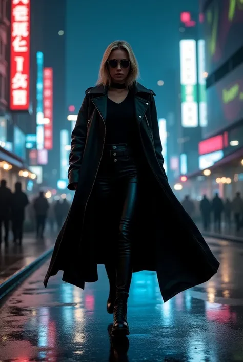 [Full-body shot] of Andy, a 29-year-old athletic blonde with blue eyes, walking confidently through the [dark, rain-slicked streets] of a futuristic city at night. She is wearing a [long, sleek black leather coat] that flows behind her as she walks, embody...