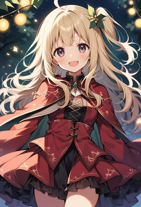 1  girl,
(light gold hair, lob hair, one side up, messy hair, ahoge),
(dark emerald eyes, tareme),
smile,
open mouth,

looking at viewer,

(green leaf hair ornaments),
(dark red cape, white fur),
(dark red Gothic costume),

cowboy shot, solo,

(depth of fi...