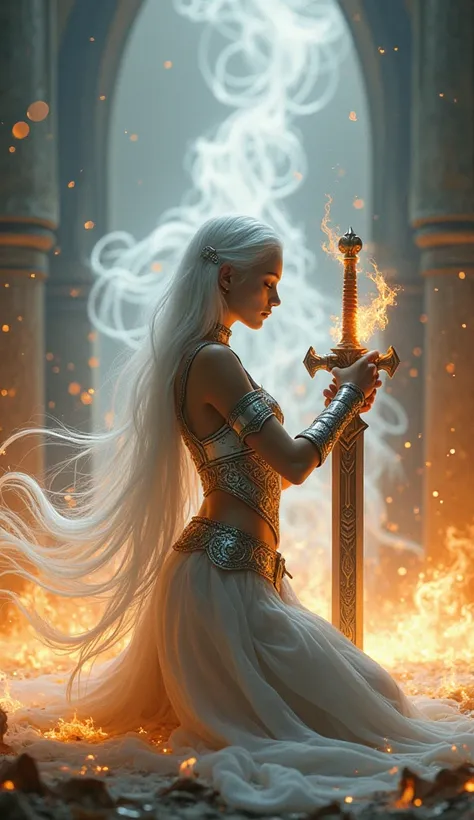 "Create a highly detailed fantasy scene of a warrior woman with long, flowing white hair and intricate armor. She is kneeling with a flaming sword, holding it with reverence as the fire swirls around her. Her expression is calm and focused, as if in deep t...