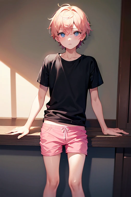 boy in pink underwear and black t-shirt, beautiful eyes, soft skin