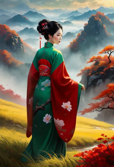  painted in traditional Chinese ink painting style，Sad Atmosphere,1 mature woman , Fashionable Hairstyle,Decorative Art,Hanfu,custom, Intense gaze,beauty， Highly refined ，Flawless，Highest quality，sacred， Regular colors ，Symmetrical composition，Exquisite，Au...