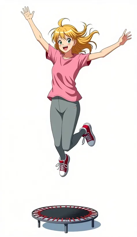 cowboy bebop anime style, empty space along edges, best quality, masterpiece, white background, zoomed out, full body, fill frame, extremely energetic, laughing, pretty woman, small breasts, blonde hair, (SIMPLE PINK TSHIRT!), grey leggings, very colorful ...