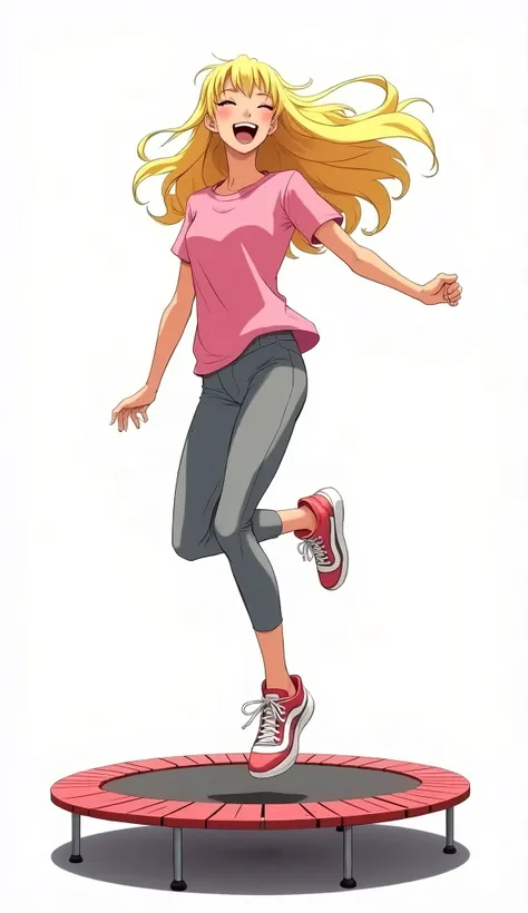 cowboy bebop anime style, empty space along edges, best quality, masterpiece, white background, zoomed out, full body, fill frame, extremely energetic, laughing, pretty woman, blonde hair, (SIMPLE PINK TSHIRT!), grey leggings, very colorful sneakers, jumpi...