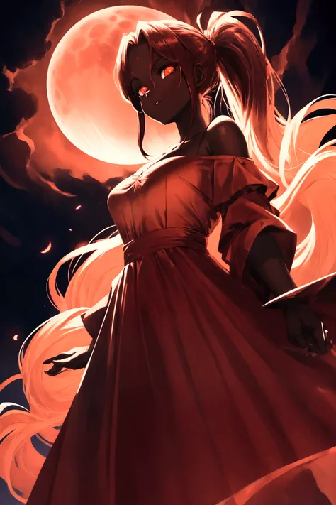 condescending gaze, shadowed face, point of view from below, arms crossed, glowing red eyes, hair made of light, hair tied in a ponytail, big chest, tight red dress, off-shoulder dress, bright red moon, dark skin