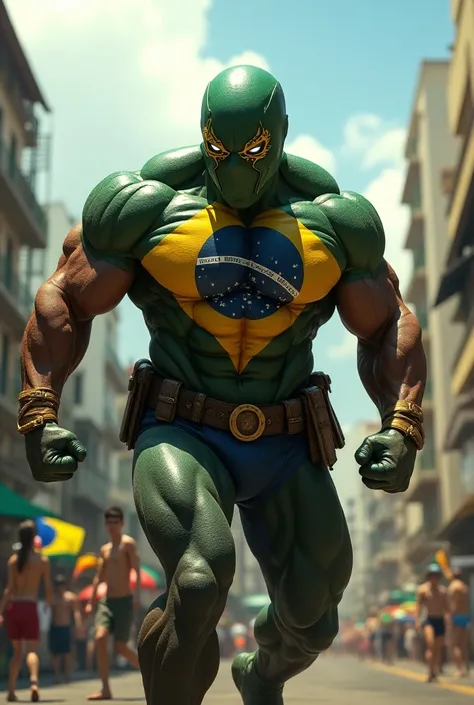 Brazilian superhero black, with extremely strong body , muscle mass, uniform cobrindo o corpo , mask covering the entire face and cover ,  with colors and symbols of the Brazilian flag, lutando contra traficantes do Rio de janeiro 