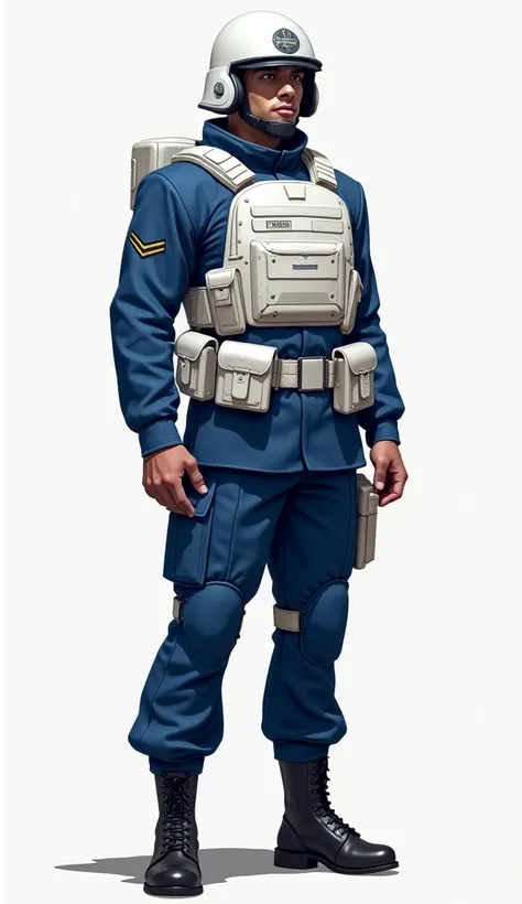 A soldier, standing at full height, dressed in a blue uniform, a white tactical vest, a white military helmet, in the style of 2014-2015,stands at full height 