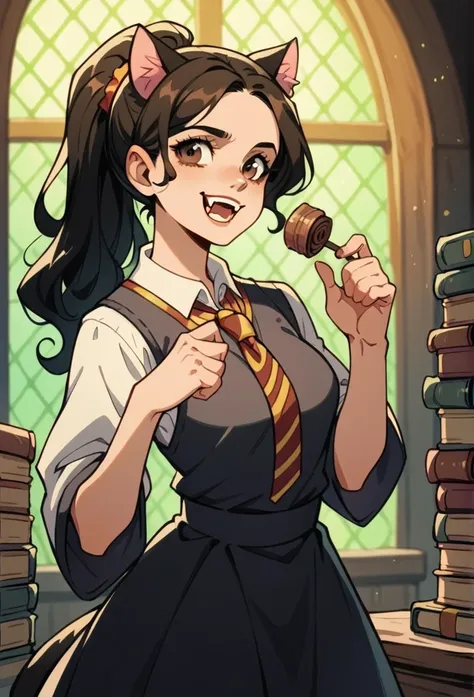  beautiful woman, long wavy black hair, brown eyes, cat ears and tail, fangs, horns, dresses as Slytherin, Harry Potter, Hogwarts, SLYTHERIN GIRL, Colour Green and Gray, Ponytail, hair curlers,  