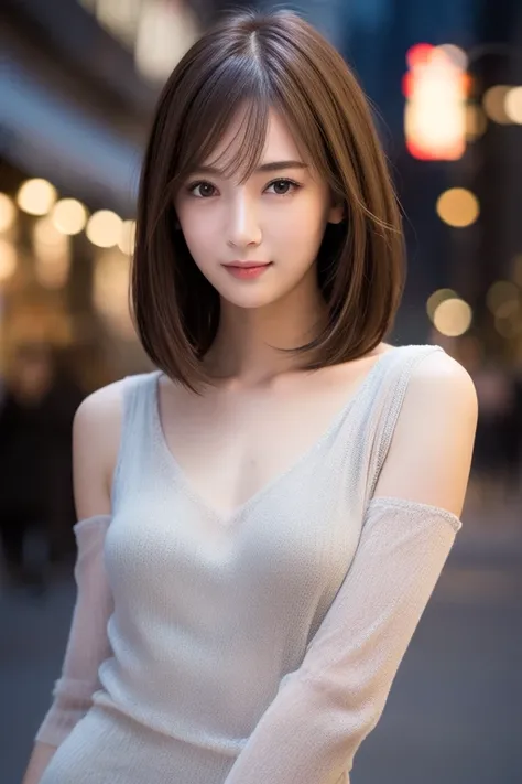 one 19 year old girl, (Light grey V-neck sheer knit dress), (Clevis), RAW Photos, Best Quality, Realistic,   so delicate and beautiful ,  very detailed, 8K wallpaper,  high res, Soft light,  very detailed目と顔,   beautifully detailed nose  ,   beautiful eyes...