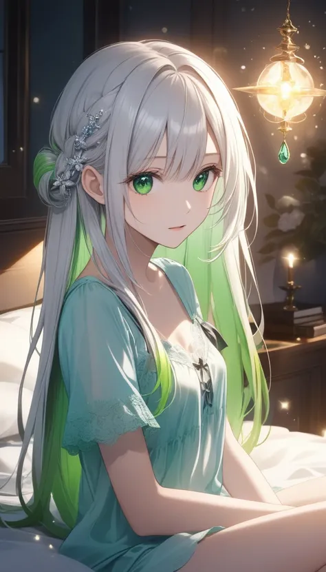 One,Cute  girl,Young face、Slim figure、Thin legs、８Head to Body、((White hair colour、emerald green inner color hairstyle、Straight hair type、Neat hairstyle)),(( looks like accessories and underwear worn in an exciting and bewitching atmosphere)))、Beautiful Hai...