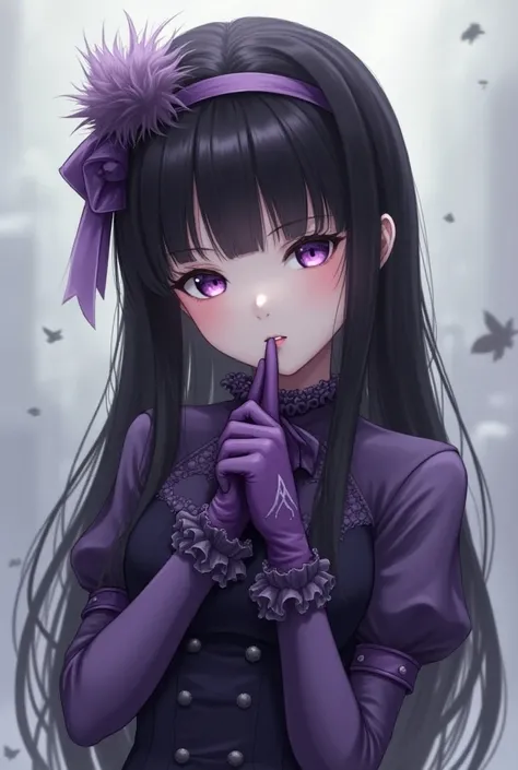 1girl, flat chest, tiny tits, solo, long hair, purple eyes, black hair, gloves, hairband, purple_gloves, ribbon, fur, lolita_hairband, 