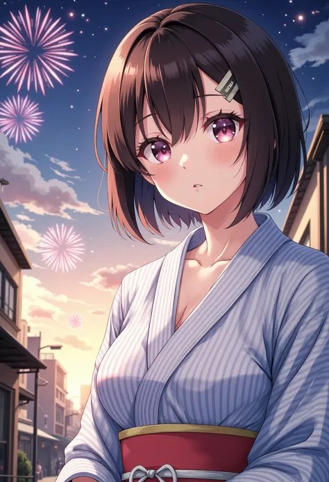 masutepiece, Best Quality, High resolution, 超A high resolution, depth of fields, Short hair, Brown hair, Pink eyes, (Hairpin), Yukata, Summer festival,  (Fireworks in the sky), nigh sky,