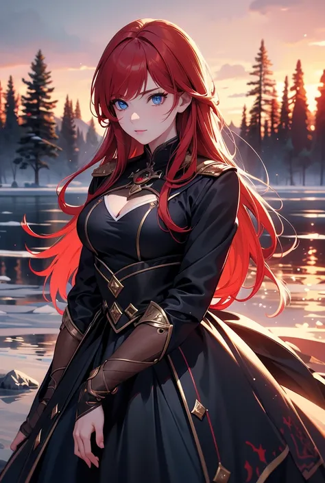 1girl, redhead, fair skin, blue eyes, black and red pirate outfit, large breasts, sunset, frozen lake, trees, wolves, northern l...