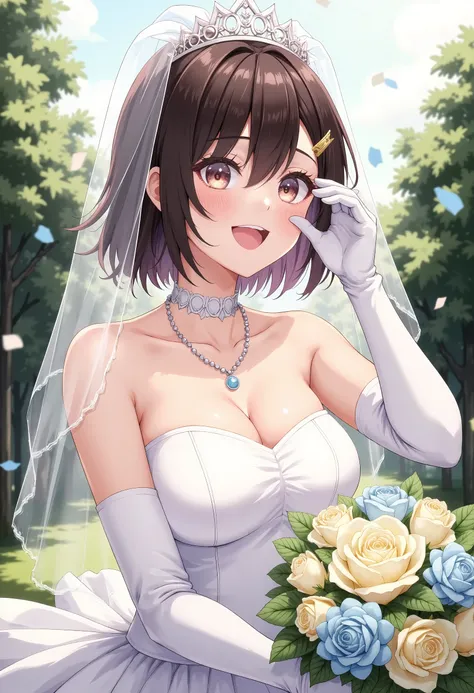 masterpiece, best quality, highres, aaichika,  tiara, bridal veil, necklace, cleavage, wedding dress, strapless dress, white dre...