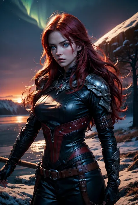 1girl, redhead, fair skin, blue eyes, black and red pirate outfit, large breasts, sunset, frozen lake, trees, wolves, northern lights, (best quality,4k,8k,highres,masterpiece:1.2),ultra-detailed,(realistic,photorealistic,photo-realistic:1.37),extremely det...