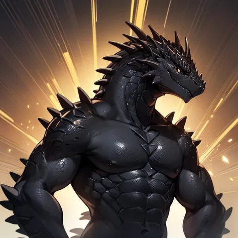 Furry, anthropomorphic, Black male lizard, (spines), spines around his chin, (black scales), thick golden lines around his body., ((Vertical golden lines around his body))