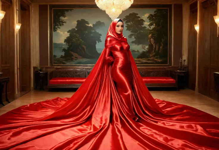 A woman shrouded in a 8-meter-long, plush red transparent satin cloth, tightly bound and grandly draping along the form of her body, flowing off into a pooled floor-length train, styled in a mermaid-inspired outfit with very long train outfit, her head mod...