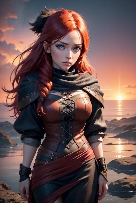 1girl, redhead, fair skin, blue eyes, black and red pirate outfit, large breasts, sunset, frozen lake, trees, wolves, northern lights, extremely detailed eyes and face, longeyelashes, intricate details, vibrant colors, dramatic lighting, fantasy, cinematic...