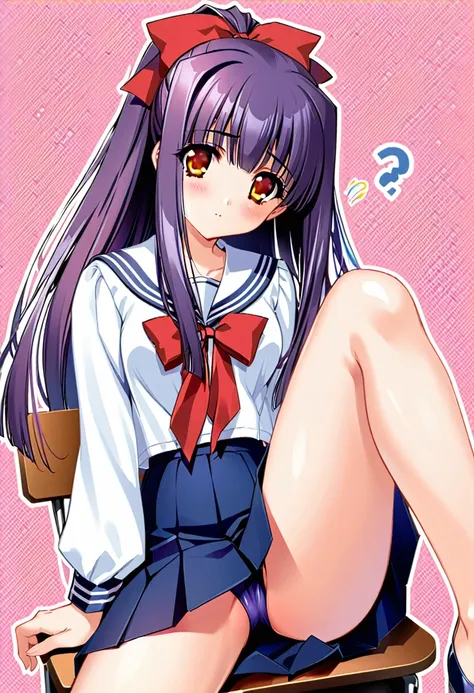 Suzuna Kuraki, 1 girl,Alone,、(Sailor suit、Navy Skirt)、Long Hair, ponytail,Red ribbon,(Purple Hair),,Orange Eyes,classroom:1.2、Sit on a chair、Cowboy leg shot、