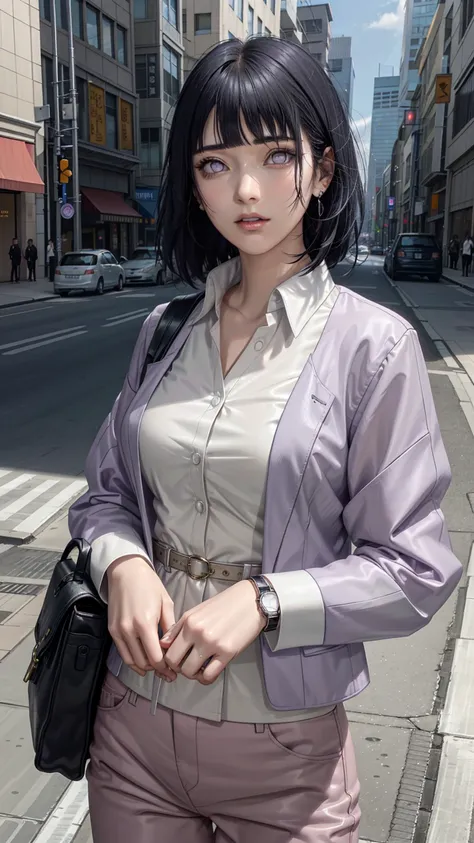 hinata from anime naruto, black hair, short hair, bangs, light purple eyes, wearing mascara, perfect body, perfect breasts, beautiful woman, very beautiful, wearing a light purple formal shirt, dapper dress, formal attire, wearing a white blazer, mauve pan...