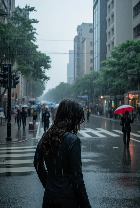 Faceless passerby walking at an intersection, city buildings and traffic lights in the background, woman standing still in the middle of the intersection, looking down and drenched in heavy rain, heavy rain falling on her, passersby with umbrellas around h...