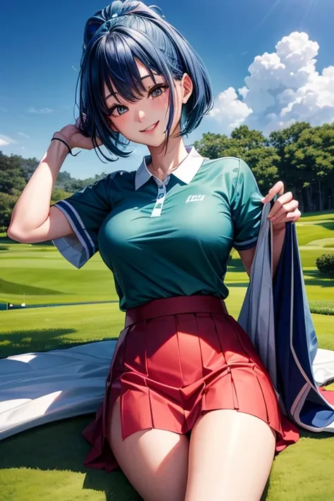  beautiful Japanese woman wearing golf wear on the green of a golf course, Real person, Detailed body, live-action,  skirt flip, Driver shot、Shot view 、smile, , Large Breasts, solo, Blue Hair/Light blue hair,  shortcut , smile, Sticking out tongue, 