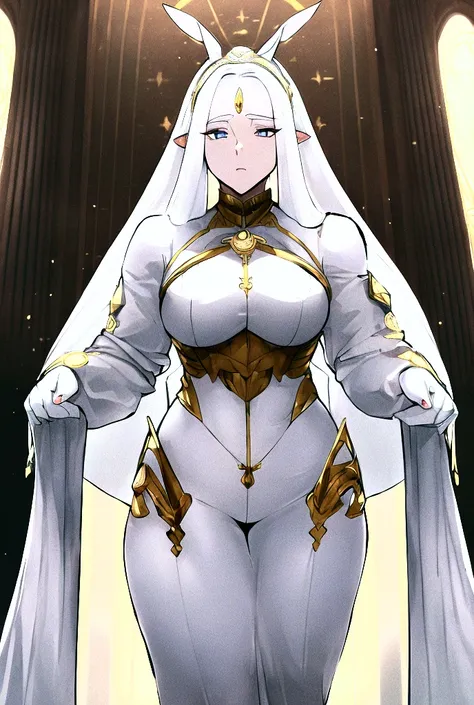 A female god, god&#39;s suit , Wide hips, human ears,platinum eyes, medium hair, big glutes.