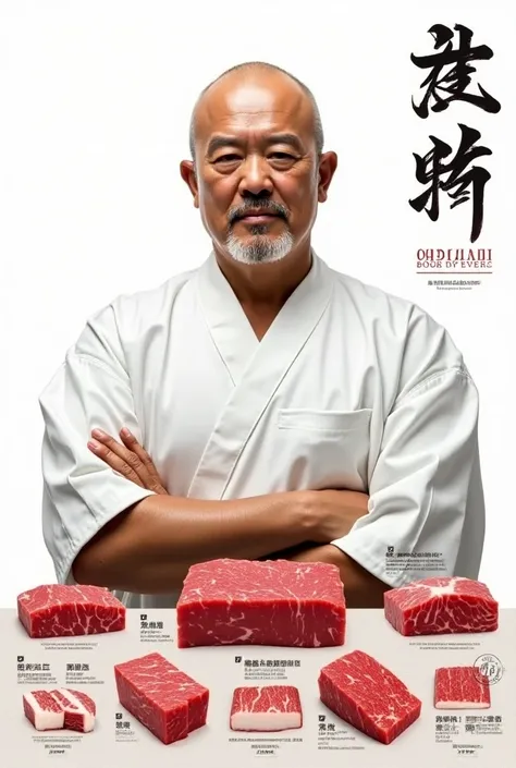  One page and beef commodity poster 、 Poster center 1 / 2 The content of the poster is present Portrait of a traditional Japanese chef , Perfect merchandise portrait presentation .
、 The picture is centered on a portrait of a traditional chef in modern Jap...