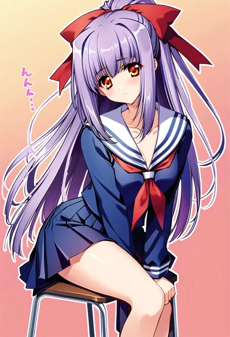 suzuna kuraki, 1 girl,alone,、(sailor suit、navy skirt)、long hair, ponytail,red ribbon,(purple hair),,orange eyes,classroom:1.2、si...