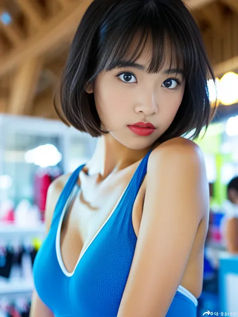 4K Quality, High Resolution, (Realistic photo:1.2), (Raw photo:1.2), Absolute masterpiece, Accurately understand the structure of the human body, Flat-chested covered by blue swimsuit, Glossy skin, Detailed red lips, Detailed eyes, Bangs, Short wavy bob, S...