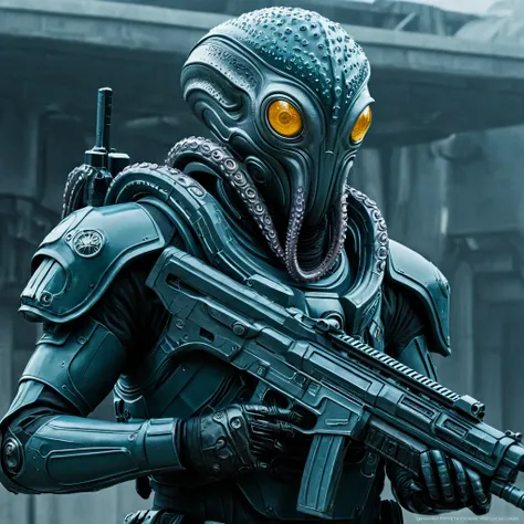 
((best quality)), ((work of art)), (detailed), cinema,   octopus head alien futurist guard armed alien uniform,  future cyber rifle , front view, close, Action movie /adventure

