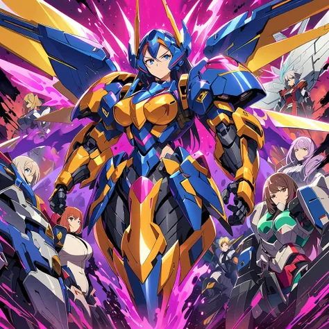 Anime, high detailed, multiple womans, mature womans, shiny-like mecha armor, large mechanical wings, large Gauntlet, serious, curvy body, long mechanical wings, mecha weapons、Colored armors、magenta Colored aura、BLUE Eyes, elongated pupils,  Mature Woman、m...