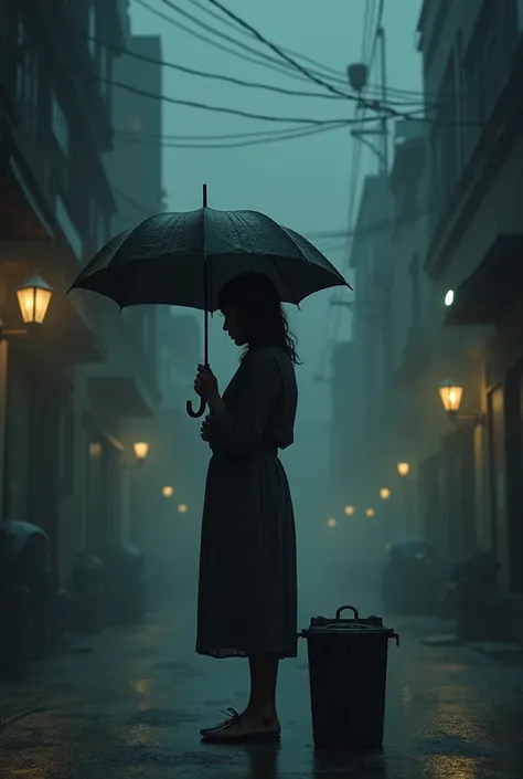 A melancholic figure stands alone in a dimly lit alleyway, surrounded by flickering streetlights and the distant hum of city noise. Rain drizzles down, casting a misty veil over the scene. The subjects eyes are cast downward, their face etched with sadness...