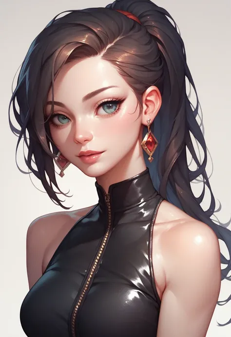 A woman with black sleeveless catsuit with bare shoulders, beautiful face, ponytail, earrings, soft smooth skin, pale skin