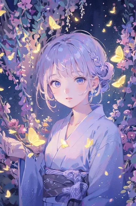 (masterpiece、 、 、Beautiful and beautiful:1.2)、(good anatomy detail eyes:1.5)、 full body shot 、A picture of a girl with her hair tied up、yukata、 Surrounded by Fireflies 、Large fireworks overlapping in the background、Tilt up