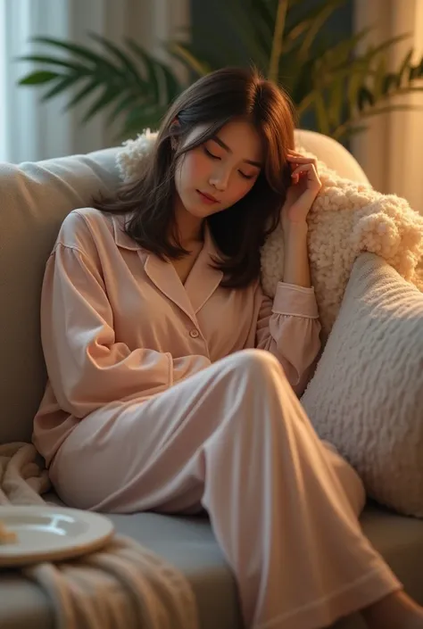 the young woman in her pijama sitting on couch