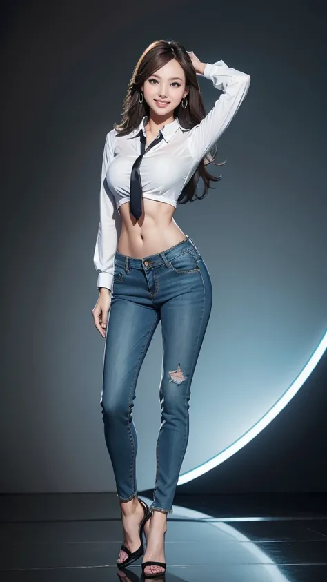 Full Body Photo、Acurate,、Studio Background、1 Nayeon、Brown hair、black eyes、Semi-long、setting hair、Slender but well-proportioned muscular body、a smile、wearing a tie-front shirt、Abs are cracked、The navel is visible、Wearing high heels、wearing very tight sky bl...